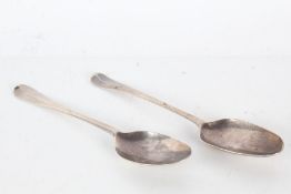 Two Georgian low mark silver tablespoons, marks rubbed, on with initials ILL to the reverse of the