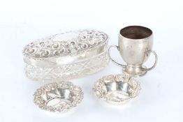 Silver, various dates and makers, to include dressing table pot with clear glass base, trophy cup