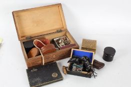 A 20th century carved wooden box, together various items to include some costume jewellery, brass