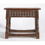 17th Century and later oak box stool, the rectangular hinged top above a thumb moulded frieze