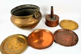 A Collection of copper and brass ware, to include a large copper cauldron together with five
