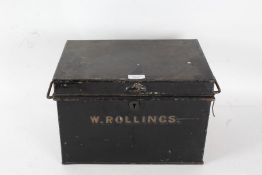 A 20th century black painted metal trunk, with the name W. Rollings to the front, 35cm wide 24cm