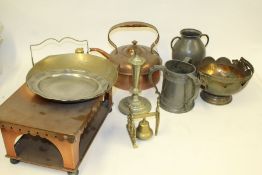 Collection of mostly copper ware, to include a plate warmer, large kettle, pewter tyg, brass bell