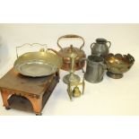 Collection of mostly copper ware, to include a plate warmer, large kettle, pewter tyg, brass bell