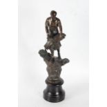 20th century French bronzed spelter figure, in the form of a lady harvesting wheat, 48cm tall