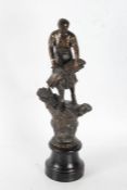 20th century French bronzed spelter figure, in the form of a lady harvesting wheat, 48cm tall