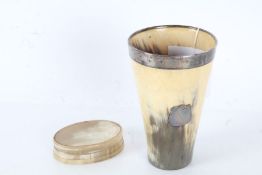 19th century pressed horn snuff box, of oval form, 8cm wide, together with a horn beaker, with white