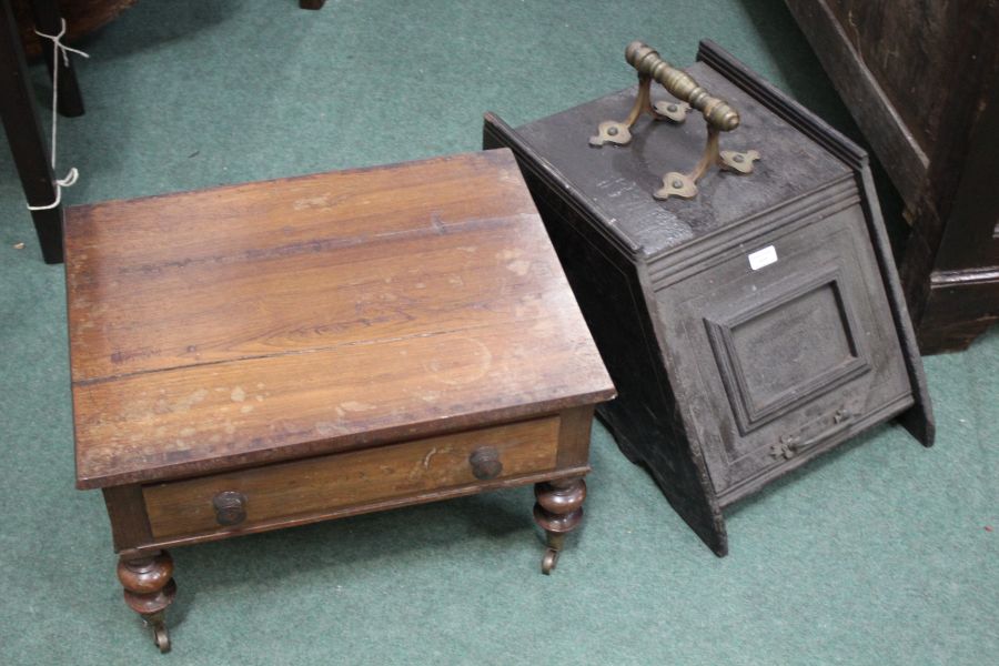 A large painted wooden coal scuttle with a brass carrying handle together with Canterbury base (2)