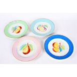 Set of four Victorian porcelain hand painted plates with various colour rims and depicting various