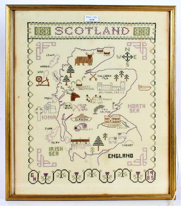 Modern needlework sampler, depicting Scotland, housed in a gilt and glazed frame, 40cm wide, 47.