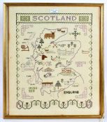 Modern needlework sampler, depicting Scotland, housed in a gilt and glazed frame, 40cm wide, 47.