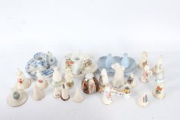 Collection of porcelain candle snuffers, to include crested examples, Royal Worcester 'English