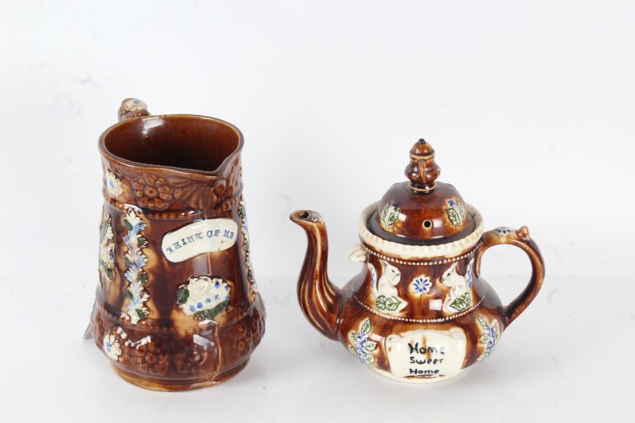 Victorian barge ware jug and teapot, the jug with the words "Think Of Me" 18.5cm tall, the teapot