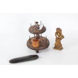 19th century turned walnut bobbin stand, 17cm tall, together with a treen pin pot and over, a