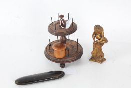 19th century turned walnut bobbin stand, 17cm tall, together with a treen pin pot and over, a