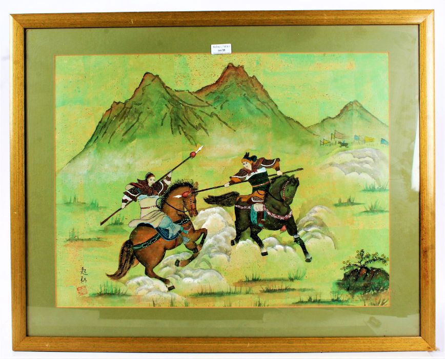Chinese School, 20th century, study of two warriors on horseback, watercolour, with character