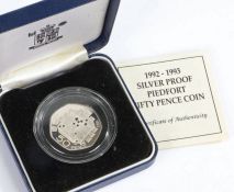 Royal Mint piedfort silver proof fifty pence piece 1992/93, cased, appears to have been removed form