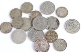 Collection of coins, to include a Victoria three pence piece 1893 and 1900, George V three pence