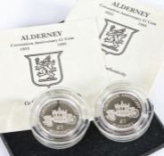 Two Royal Mint Queen Elizabeth II Alderney coronation anniversary silver one pound coins 1993 (2)