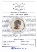 Westminster Cook Islands one dollar silver coin commemorating Princess Diana, with certificate