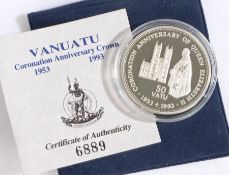 Royal Mint Vanuatu Elizabeth II coronation anniversary silver proof crown 1993