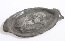 WMF style dish, the central field with depiction of a couple preparing to kiss, 28cm wide, 16.5cm