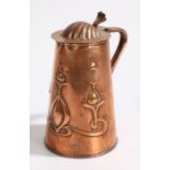 Joseph Sankey & Sons Art Nouveau copper hot water jug and cover, the embossed domed shell form cover