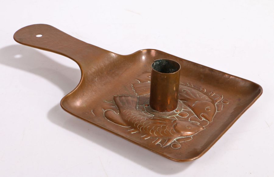 Newlyn Arts and Crafts copper chamber stick, the cylindrical sconce above a square dish base