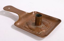 Newlyn Arts and Crafts copper chamber stick, the cylindrical sconce above a square dish base