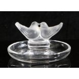 Rene Lalique pin dish, with central depiction of two lovebirds, signed to base, 5.5cm high, 9.5cm