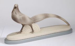 Sevres Vinsare model of a pheasant in grey and white on a wooden plinth, 74cm long 34cm high 15cm