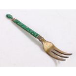 J Tostrup Norwegian silver and green enamel fork, 13cm long, 0.6oz, housed in original box