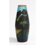 Emile Galle vase, the blue ground cased in black, yellow and blue with depiction of a mountainous