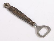 Georg Jensen Danish silver handled bottle opener, with scroll cast handle terminal, 16cm long