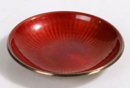 David Andersen Norwegian silver pin dish, with engine turned red enamel decoration, 6cm diameter,