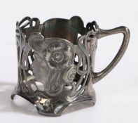 WMF Art Nouveau tea glass holder, the pierced shaped handle flanking the pierced body with depiction