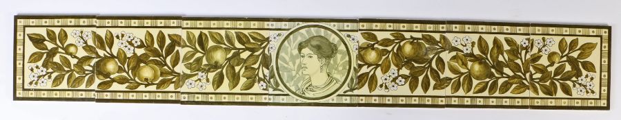 Doulton Lambeth tile frieze, the lighter coloured central tile with depiction of a young lady in