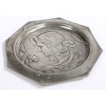WMF octagonal dish, the central field with depiction of an Art Nouveau style lady in profile