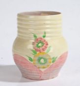 Clarice Cliff Newport Pottery "Rhodanthe" pattern vase, the bulbous reeded body with puce and yellow