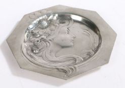 WMF style octagonal dish, cast with depiction of an Art Nouveau style lady in profile with flowers