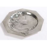 WMF style octagonal dish, cast with depiction of an Art Nouveau style lady in profile with flowers