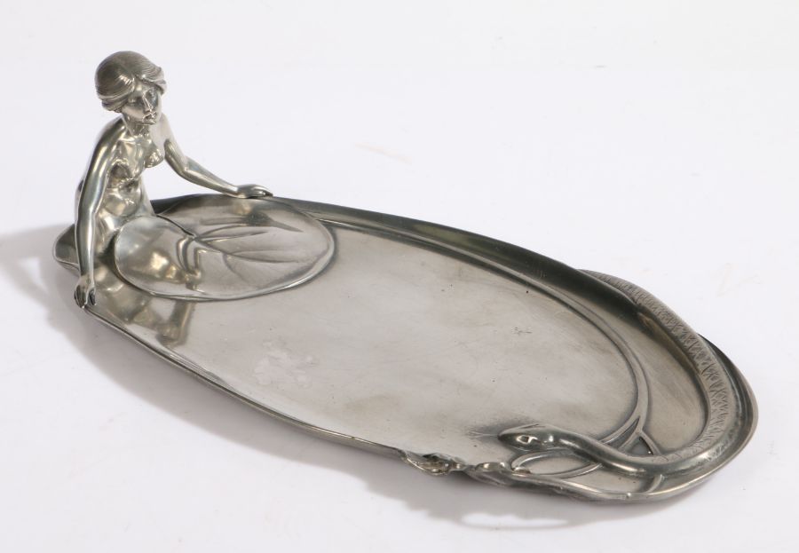 WMF Jugendstil pewter oval calling card tray, of oval form, cast with a scantily clad water nymph,