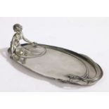 WMF Jugendstil pewter oval calling card tray, of oval form, cast with a scantily clad water nymph,