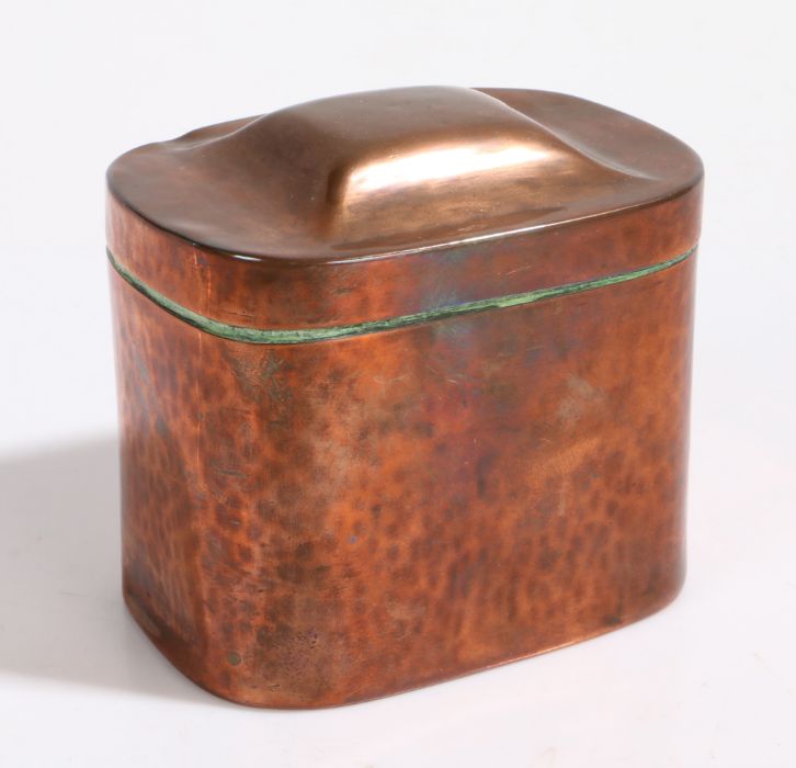 Keswick School of Industrial Arts copper tea caddy, the rectangular embossed lid above a beaten
