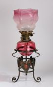 Hinks Benetfink & Co no.2 duplex oil lamp, in the Arts and Crafts taste, the frosted hexagonal puce,