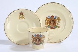 Clarice Cliff  Newport Pottery Co. Elizabeth II Coronation trio, transfer decorated with royal crest