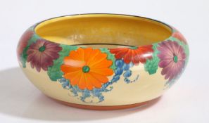 Clarice Cliff Newport Pottery Bizarre Gay Day pattern bowl, the body decorated with orange, purple
