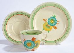 Clarice Cliff Wilkinson Ltd. trio, the ribbed bodies with brown and green banded decoration, the cup