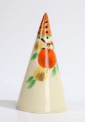 Newport pottery "Pomona" pattern conical sugar sifter, decorated with stylised fruit, 13.5cm high