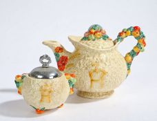 Clarice Cliff Newport Pottery "Celtic Harvest" pattern teapot and preserve pot, with moulded leaf